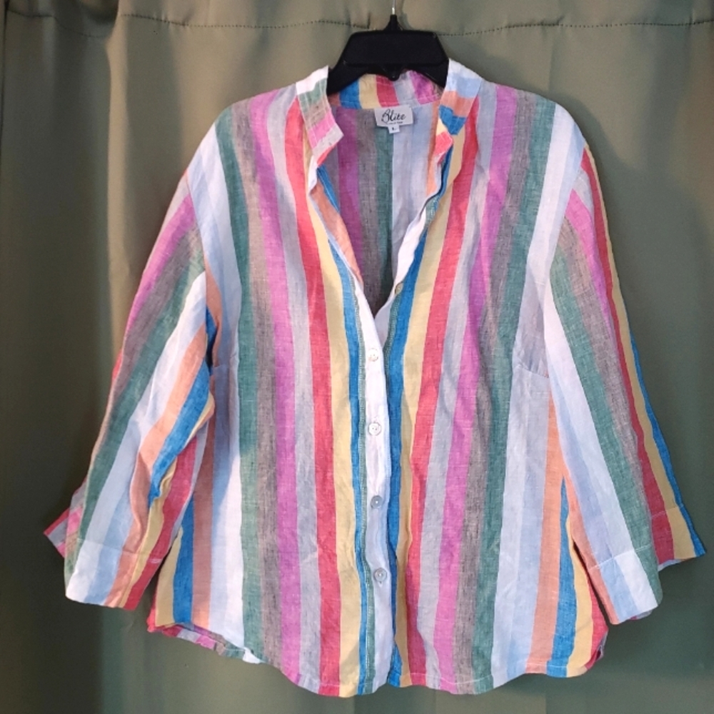 Blitz Made in Italy Rainbow-Striped Linen Button-Down Blouse